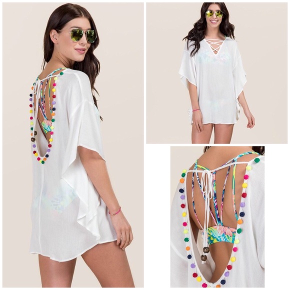Francesca's Collections Other - NWT Pom-Pom Lace Up Bead Detail Swim Coverup Tunic